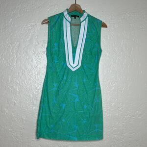 Lauren Gold Women’s Sleeveless V-Neck Cotton Tunic Green Print Mini Dress Sz 2